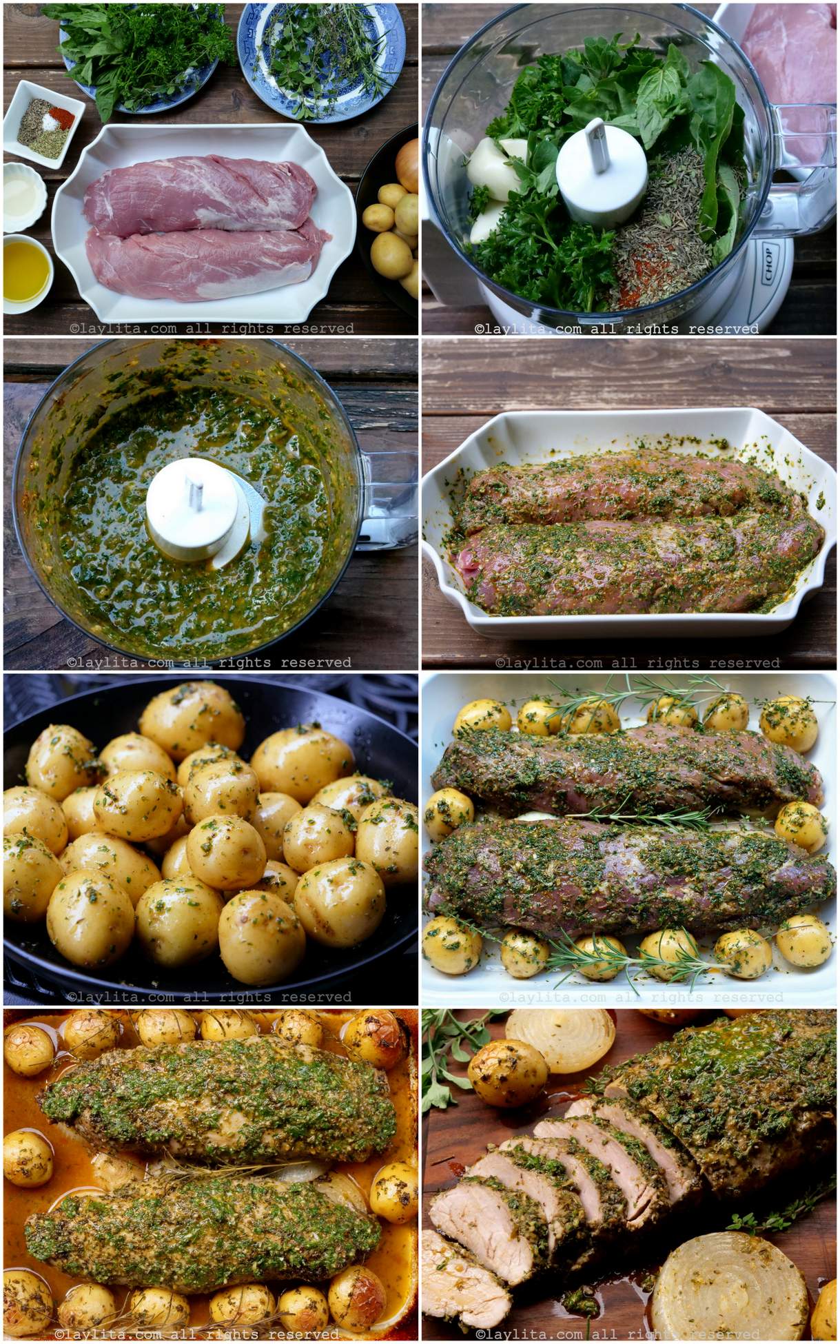 Collage of step by step preparation photos for roasted pork tenderloin with herb and garlic chimichurri marinade.