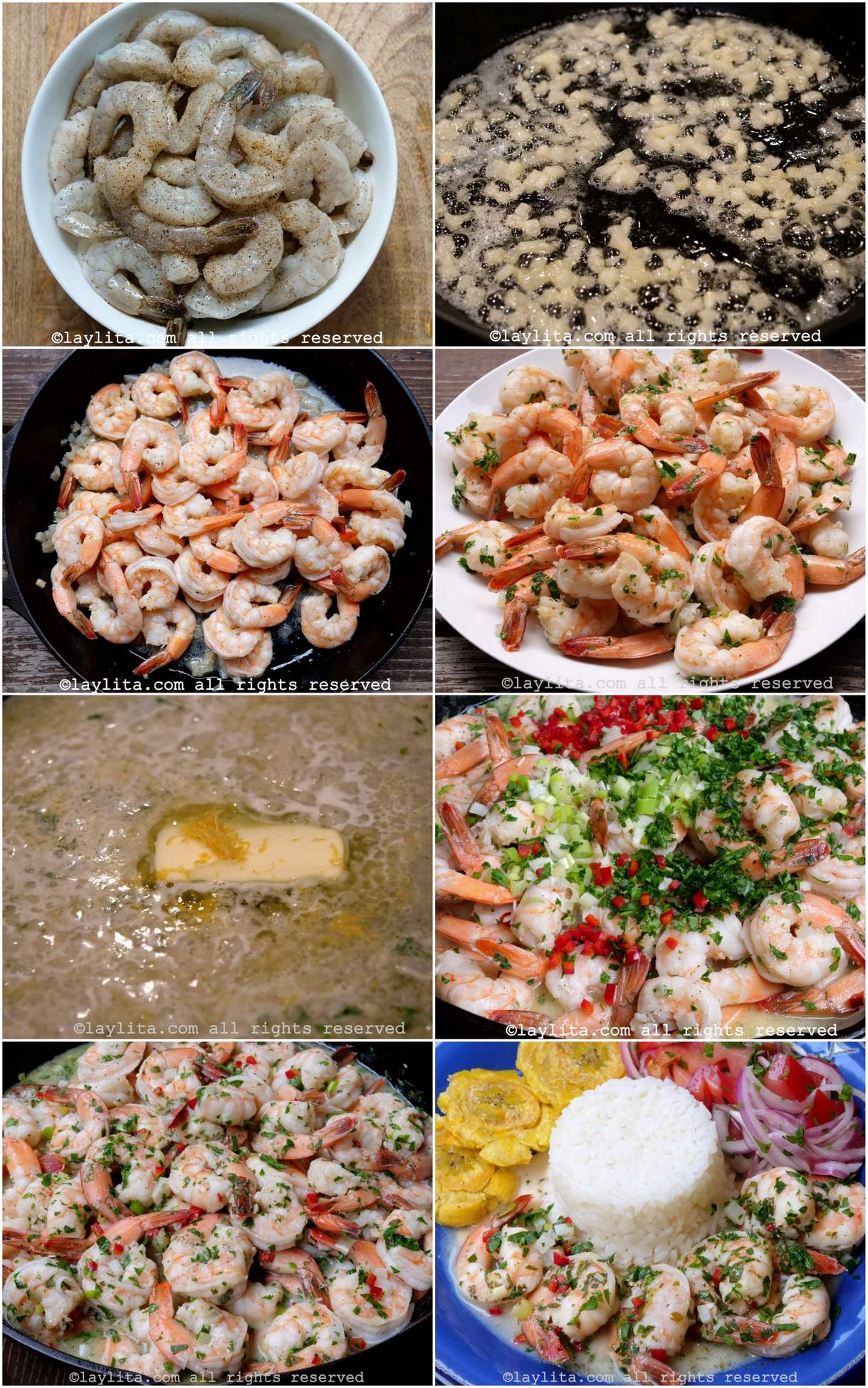Collage of step by step preparation photos for Camarones al Ajillo or Shrimp with Garlic Sauce