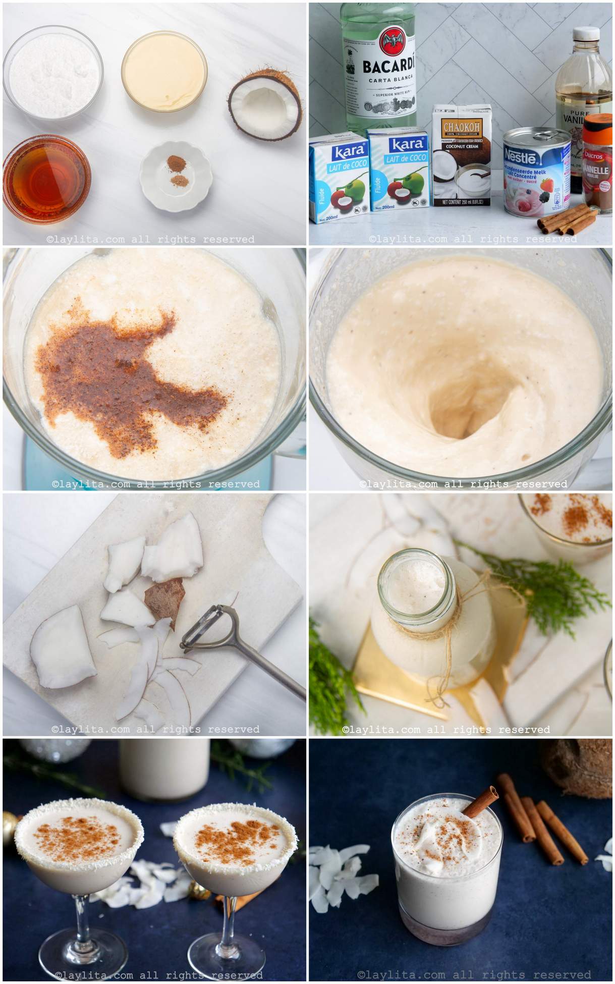 Collage of step by step preparation photos for Puerto Rican Coquito or Coconut Eggless Eggnog