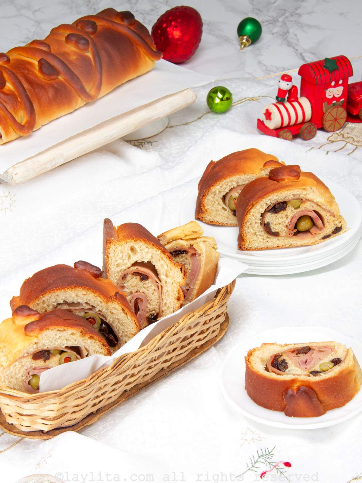 Overhead shot of Venezuelan Christmas bread in a basket
