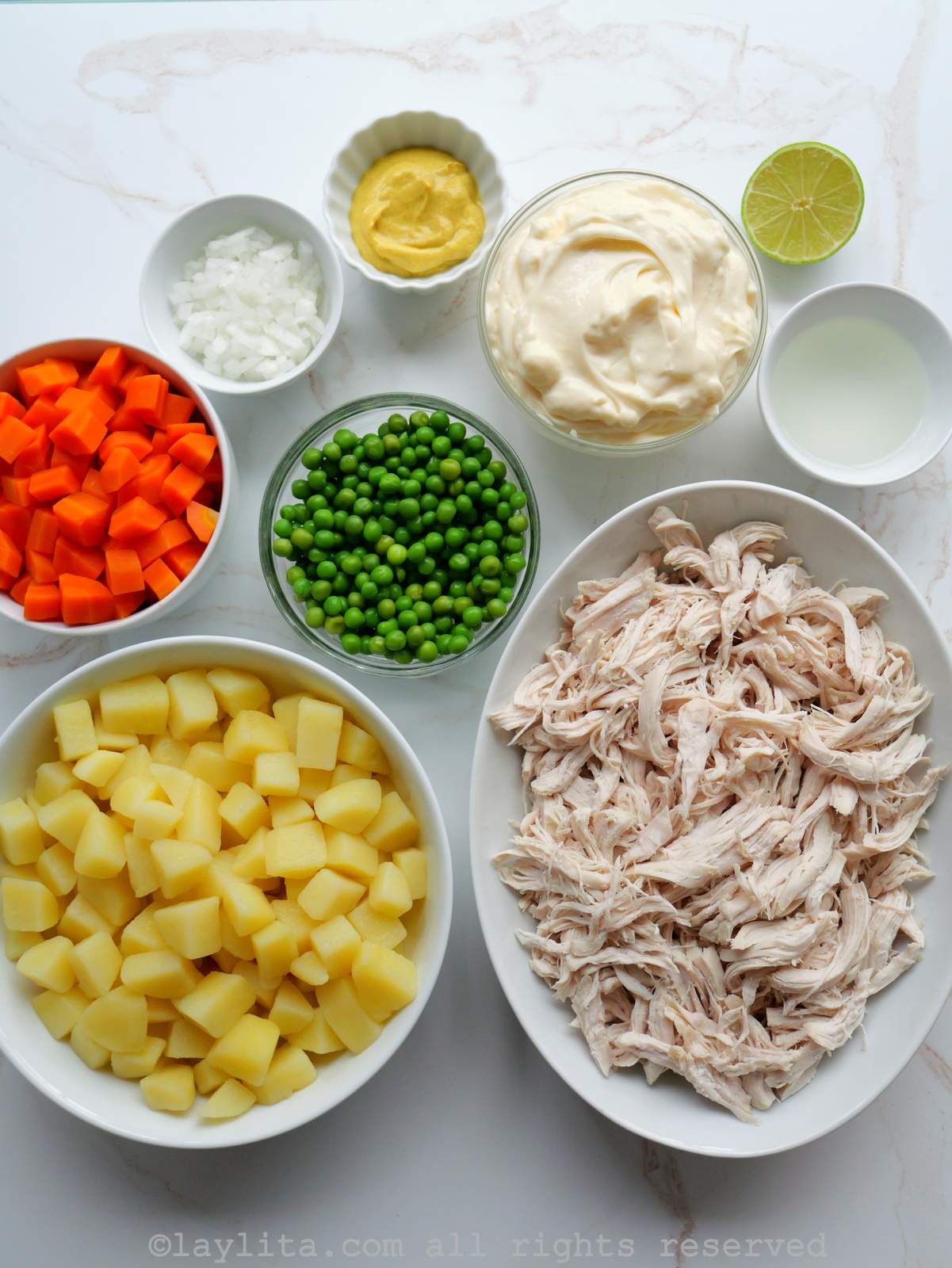 Ingredients needed for Ensalada de Gallina or Venezuelan Chicken Salad