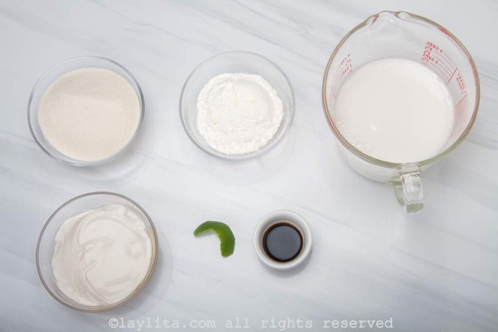 Overhead photo of the ingredients needed for tembleque coconut pudding