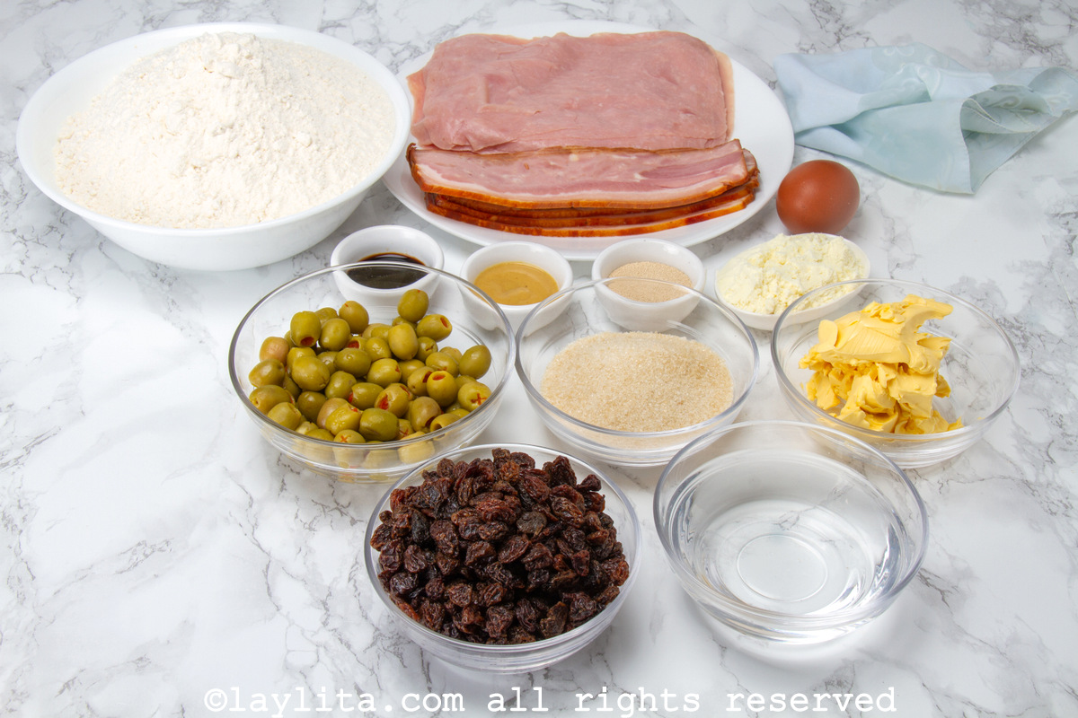 Ingredients needed for Venezuelan ham bread or pan de jamon on a kitchen counter