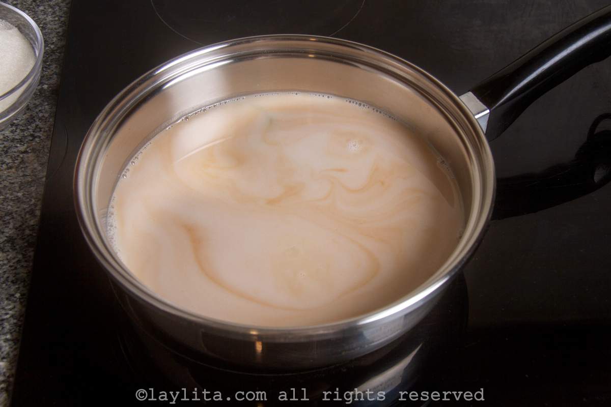 Coconut milk and vanilla in a saucepan on the stove