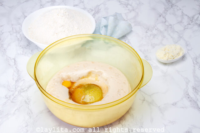 Yeast and water in a bowl with additional ingredients.