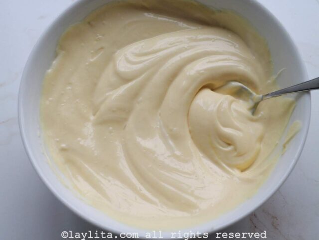 Mayonnaise mustard sauce in a white bowl after mixing