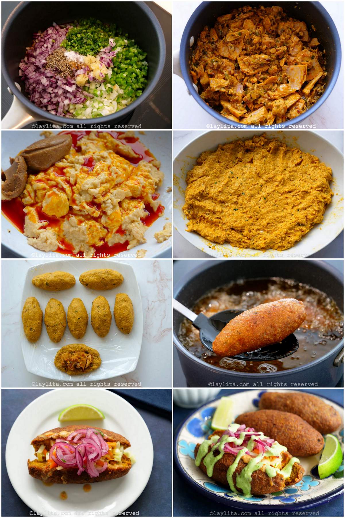 Photo collage of the step by step preparation for Ecuadorian corviche de pescado
