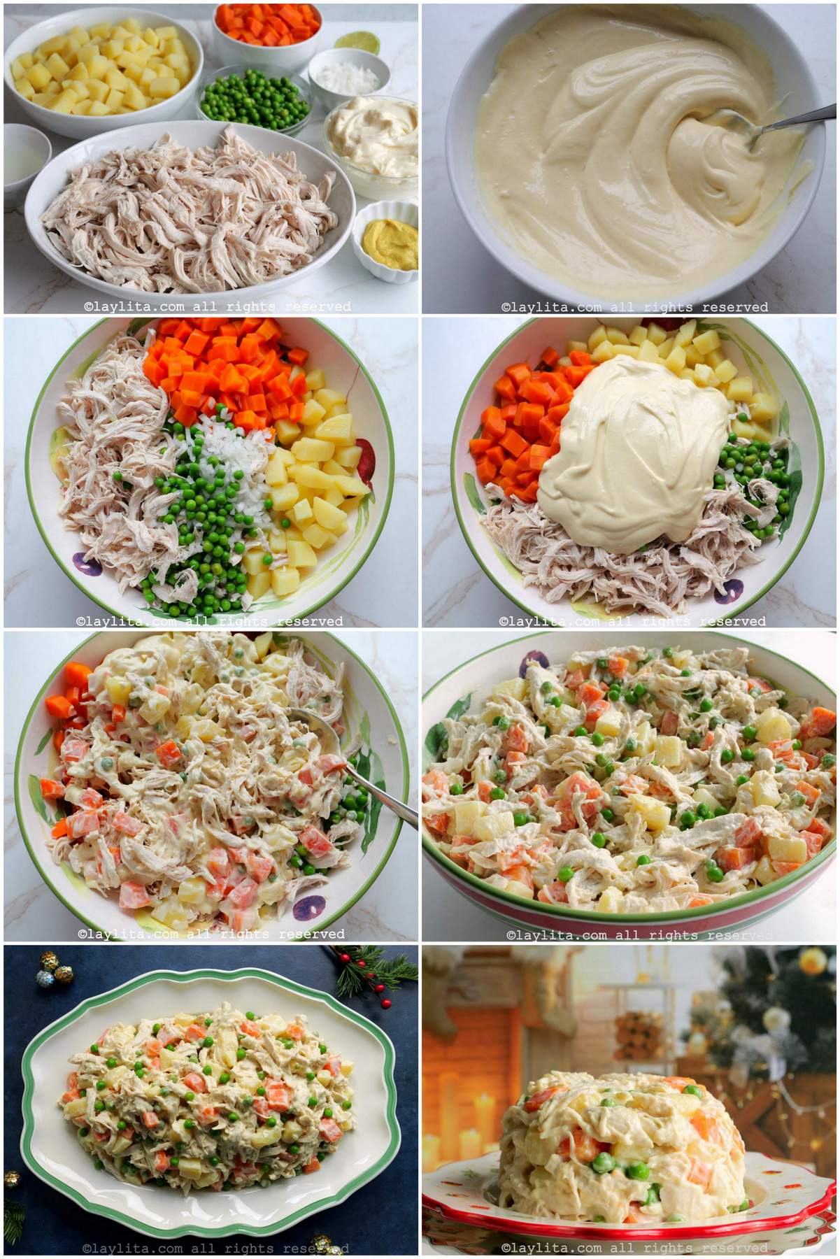 Photo collage of the step by step preparation for Ensalada de Gallina or Venezuelan Chicken Salad