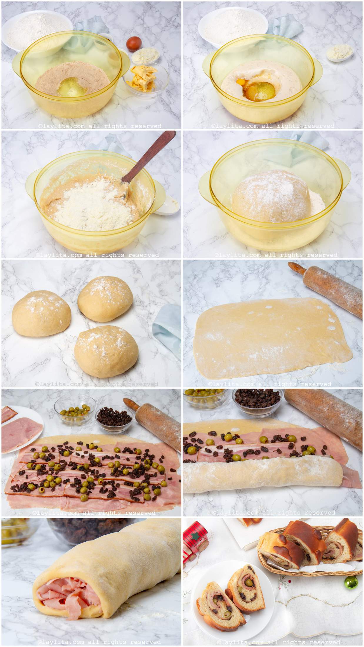 Collage of step by step preparation photos for Venezuelan pan de jamón