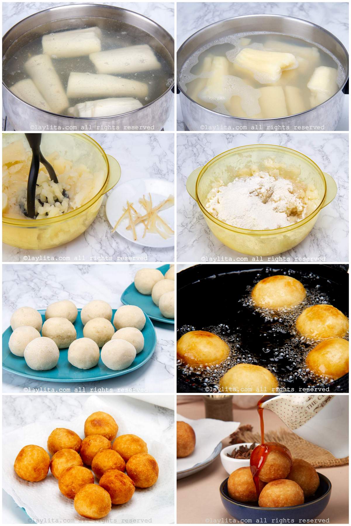 Photo collage of the step by step preparation process for Buñuelos de Yuca or Cassava Fritters