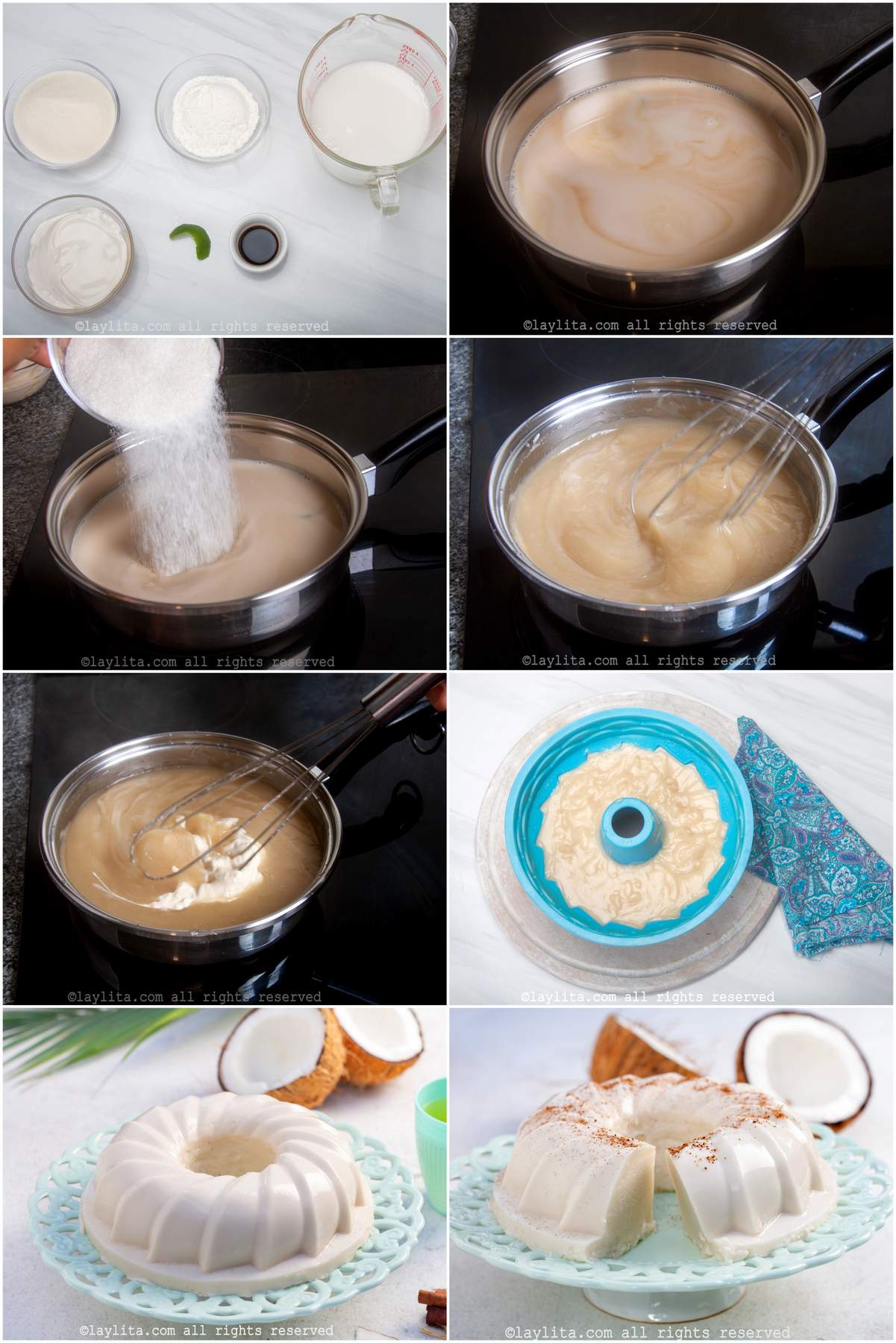 Photo collage of the step by step preparation process for Puerto Rican Tembleque Coconut Pudding