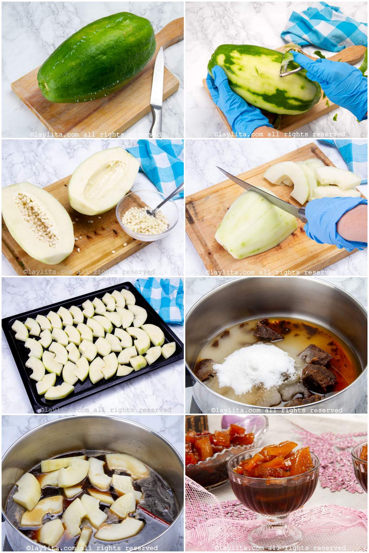 Collage of step by step preparation process photos for Dulce de Lechosa or Caramelized Green Papaya Preserves