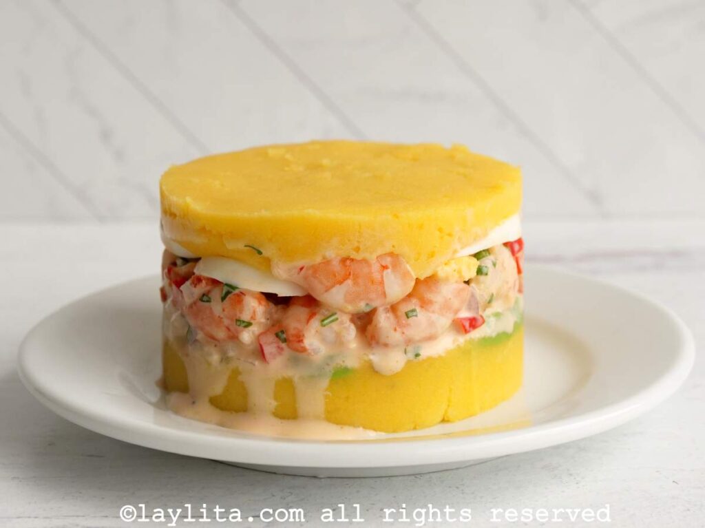 Side view of causa de camaron after the mold was removed.