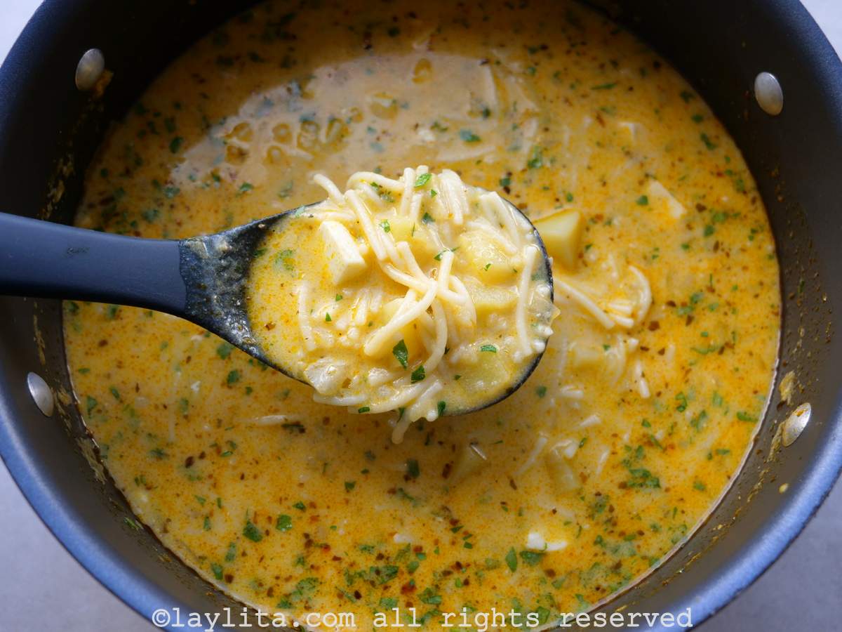 Ladle scooping up some sopa de fideo con papas y queso from the pot.