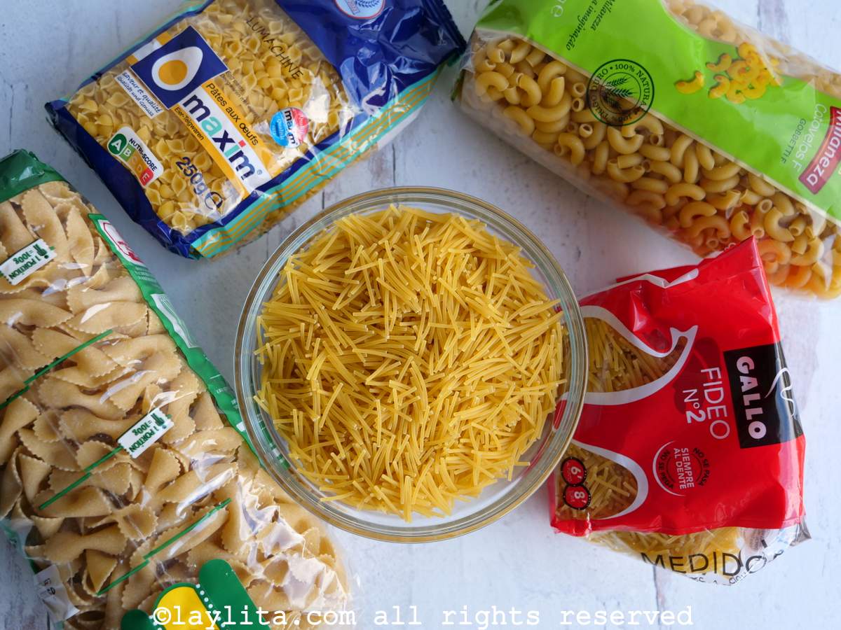 Overhead shot of all the different noodles you can use for sopa de fideo