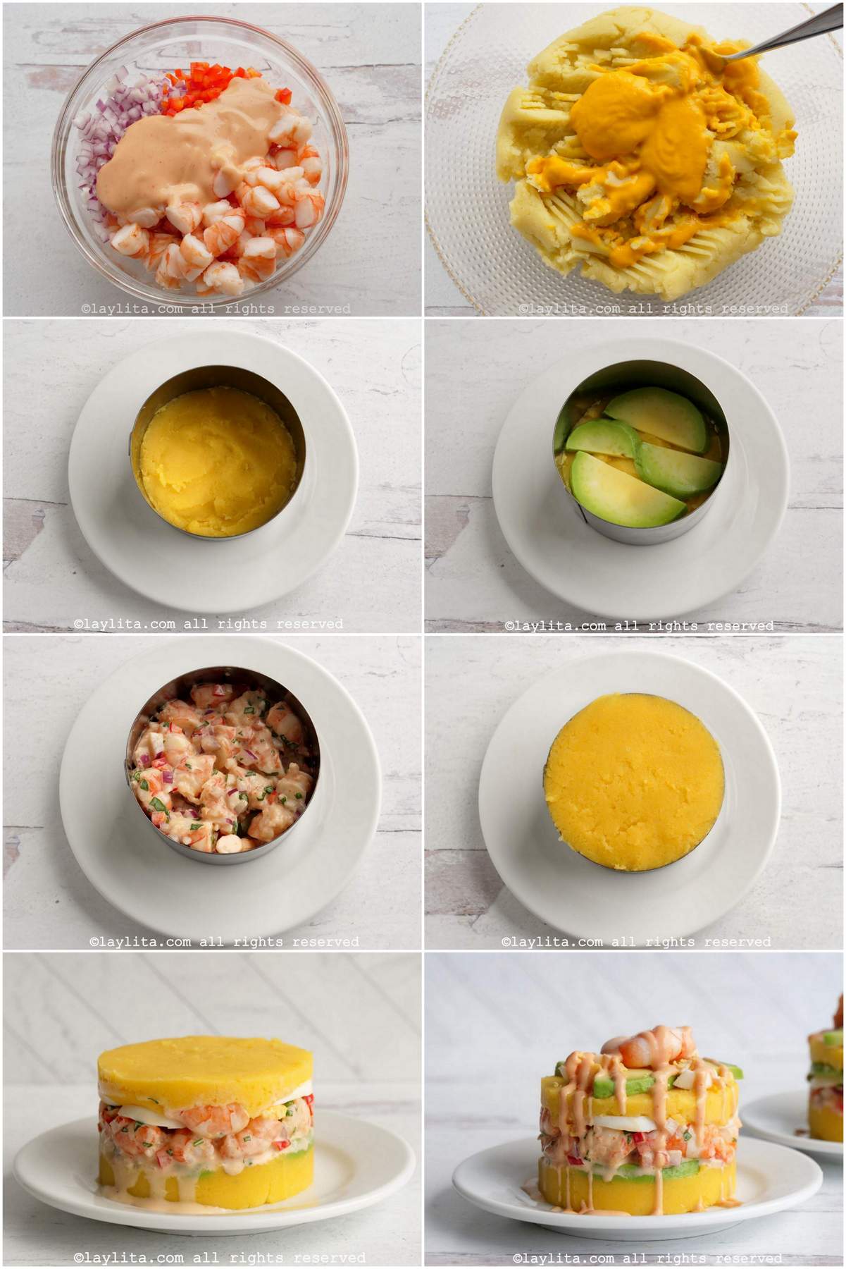 Photo collage of the step by step preparation for Peruvian causa de camarones