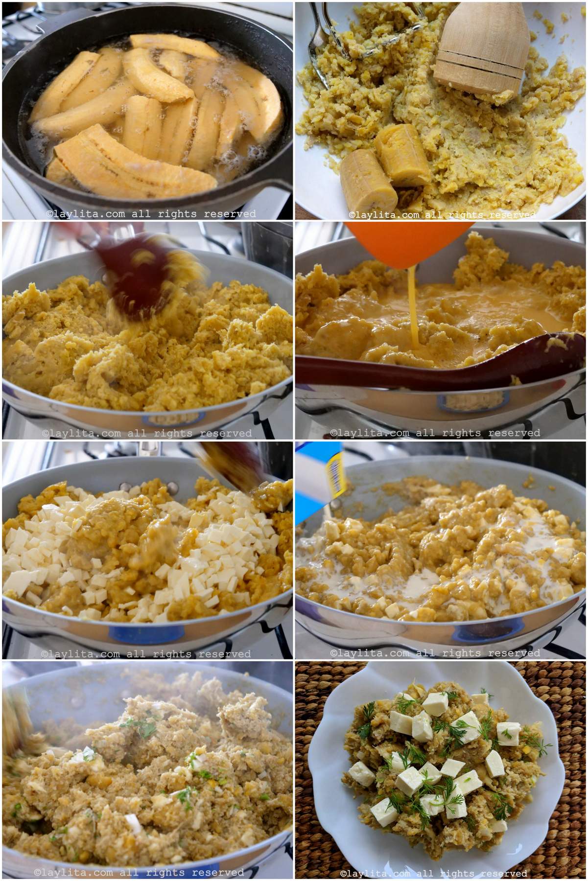 Photo collage of step by step preparation pictures for Ecuadorian green plantain tigrillo mash with cheese