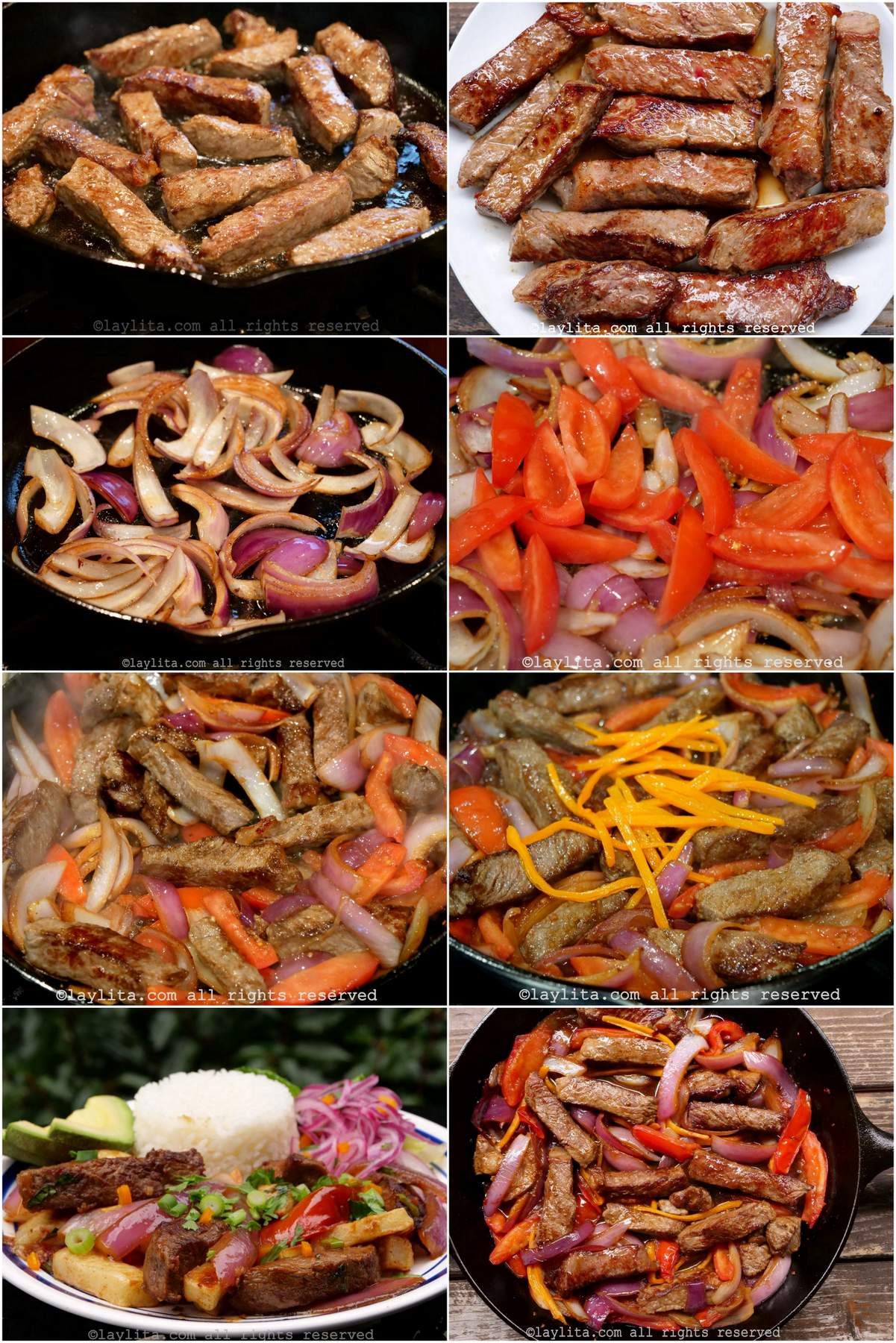 Photo collage of the step by step preparation for Peruvian lomo saltado stir fry