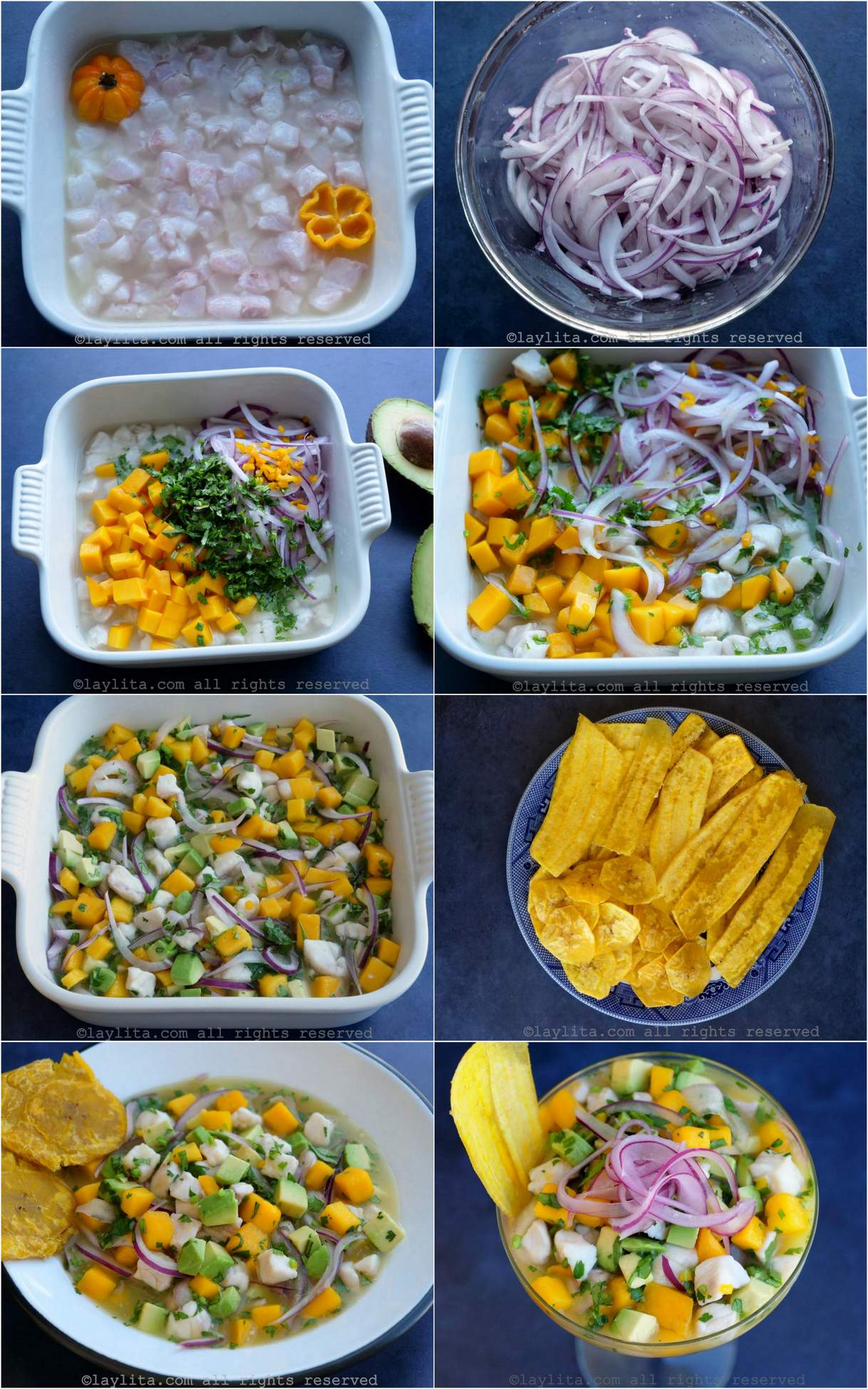 Collage of step by step preparation process photos for sea bream fish ceviche with mango and avocado