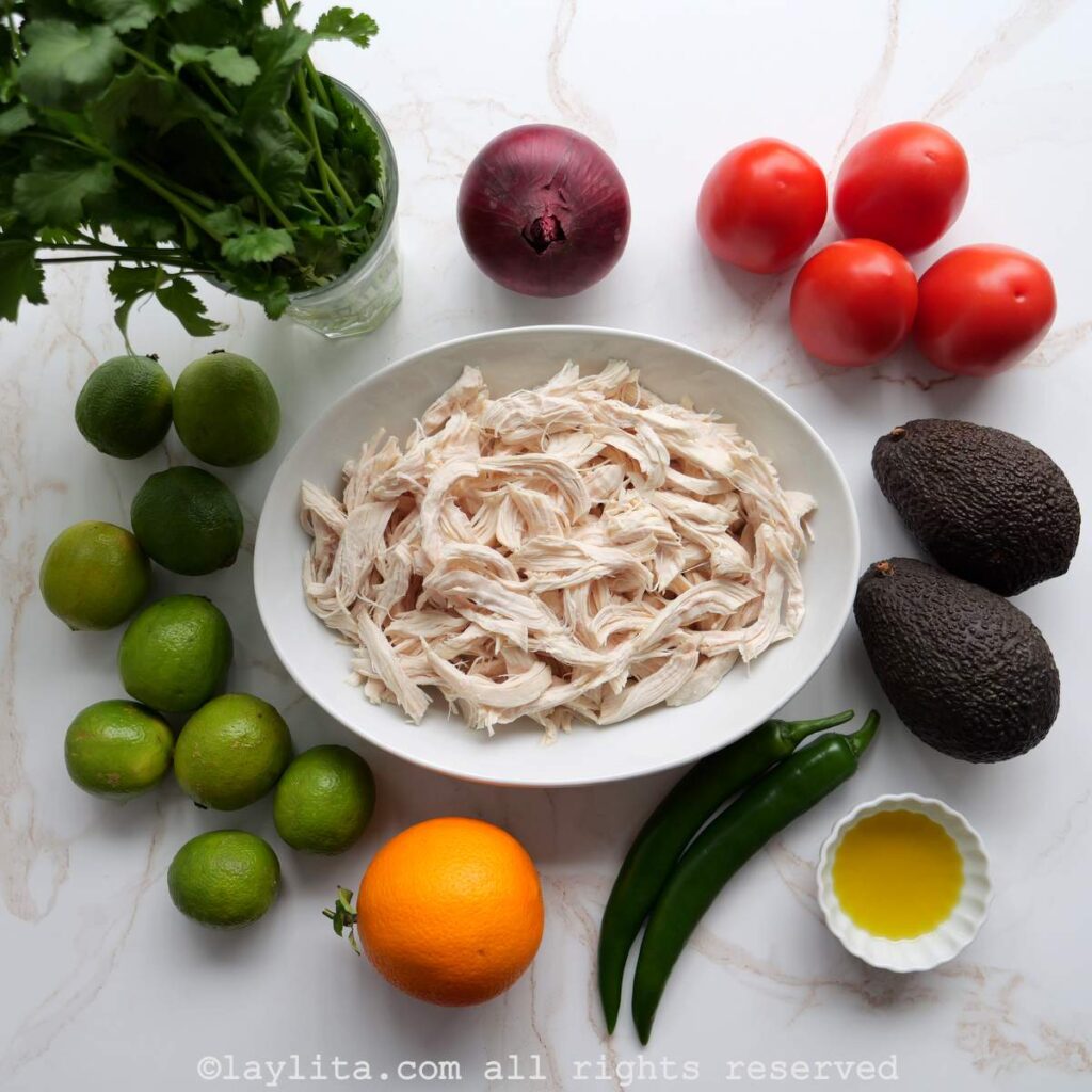 Ingredients needed to make ceviche de pollo on a counter.