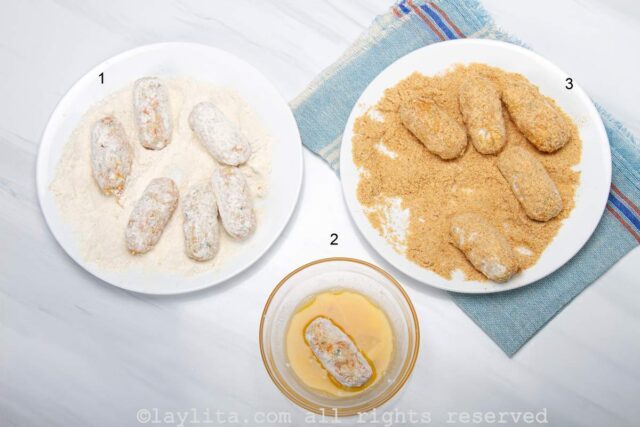 Three plates with coating of croquettes in different stages
