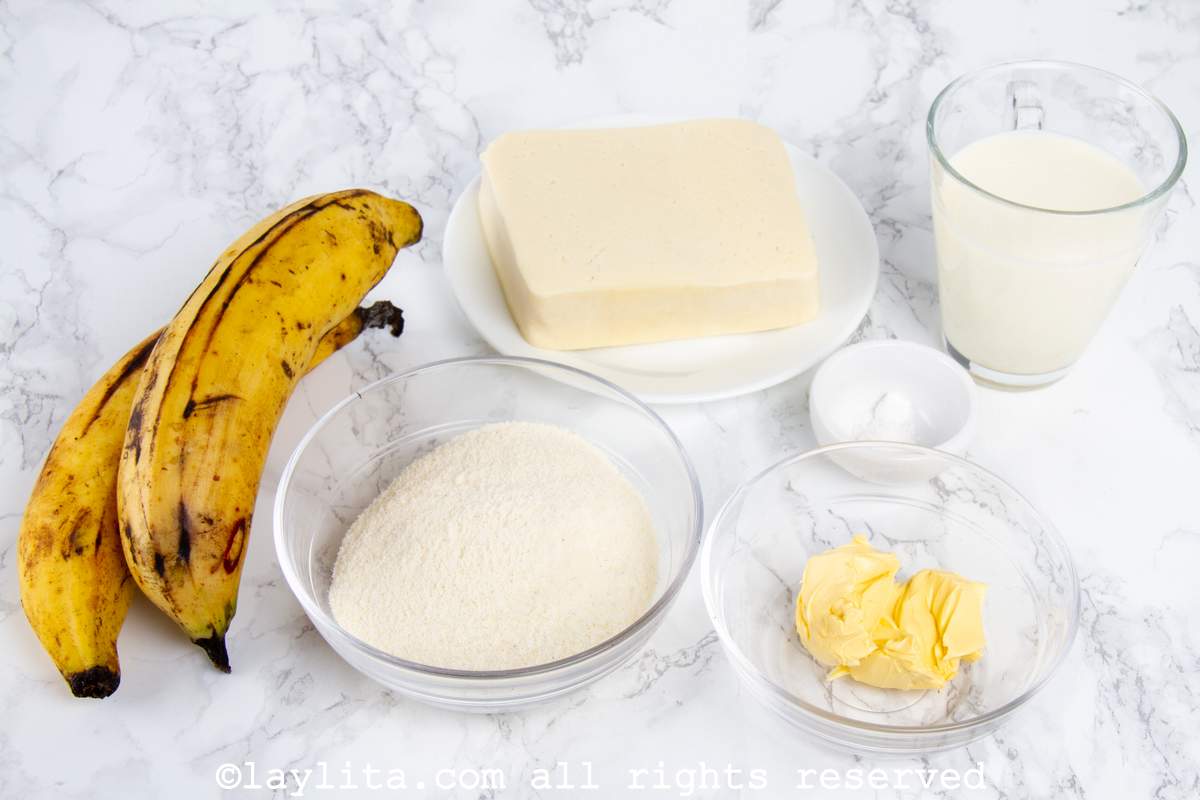 Ingredients needed to make ripe plantain arepas on the kitchen counter.