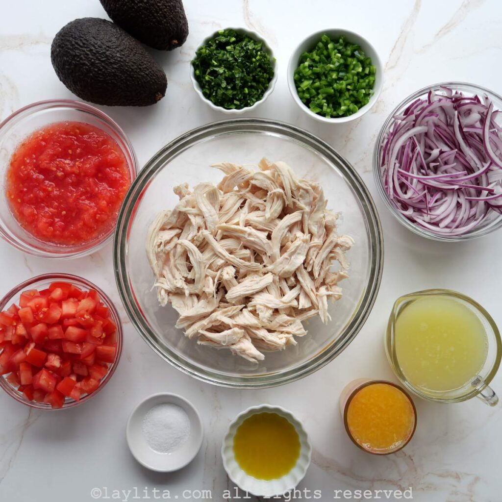 Overhead shot of prepped ingredients for making Ecuadorian chicken ceviche