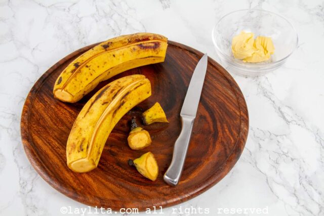 Ripe plantains on a cutting board