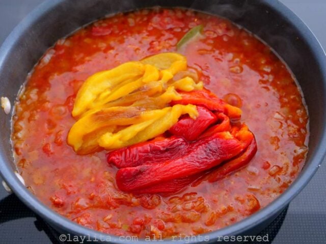 Add the roasted bell peppers to the skillet