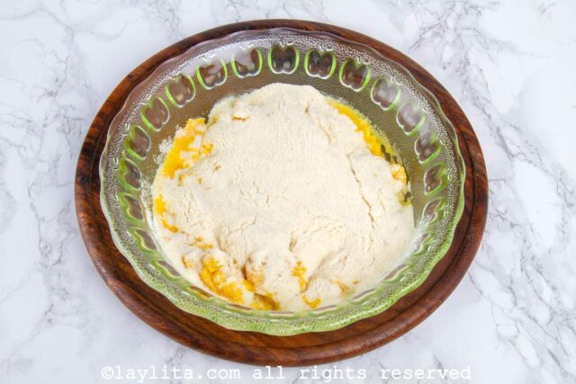 Preparing ripe plantain arepa dough for arepas de platano maduro