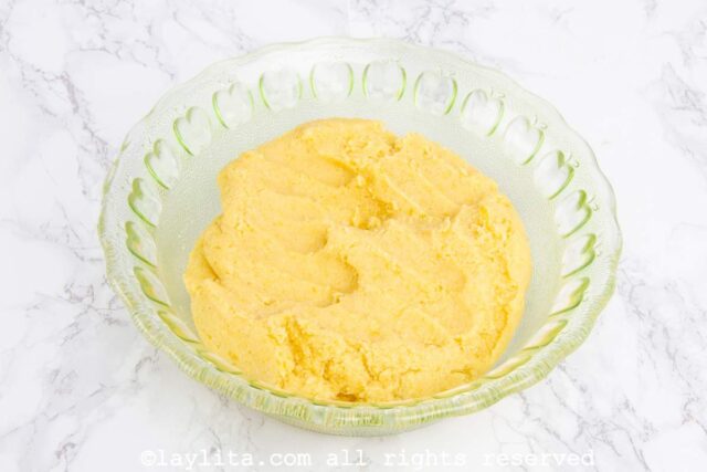 Preparing ripe plantain arepa dough for arepas de platano maduro