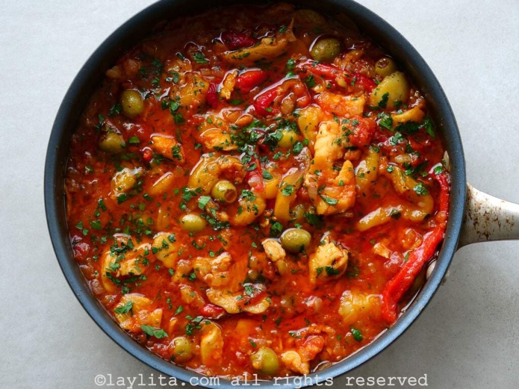 Salted cod fish stew in a pan