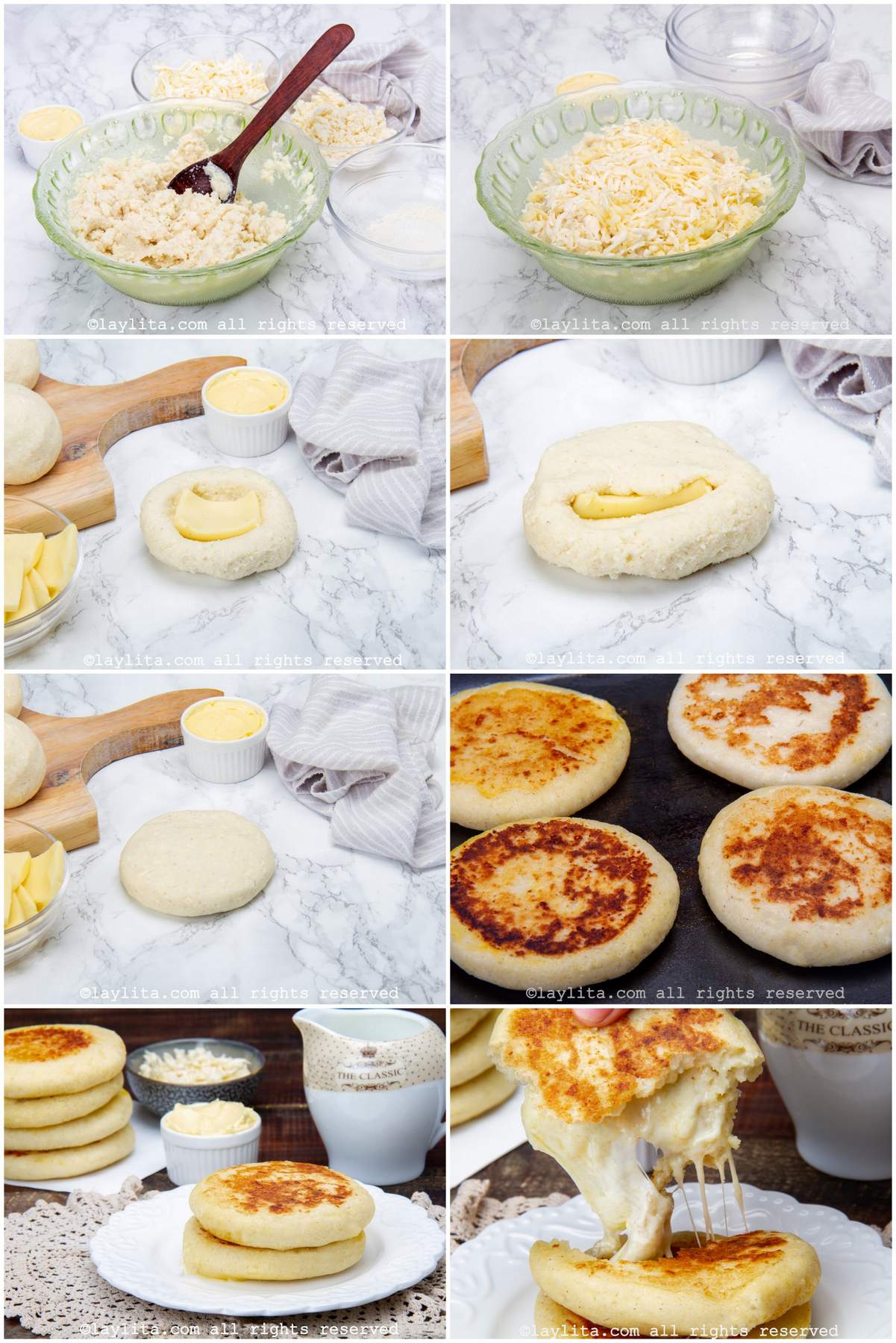 Photo collage for the step by step preparation process for Colombian cheese arepas