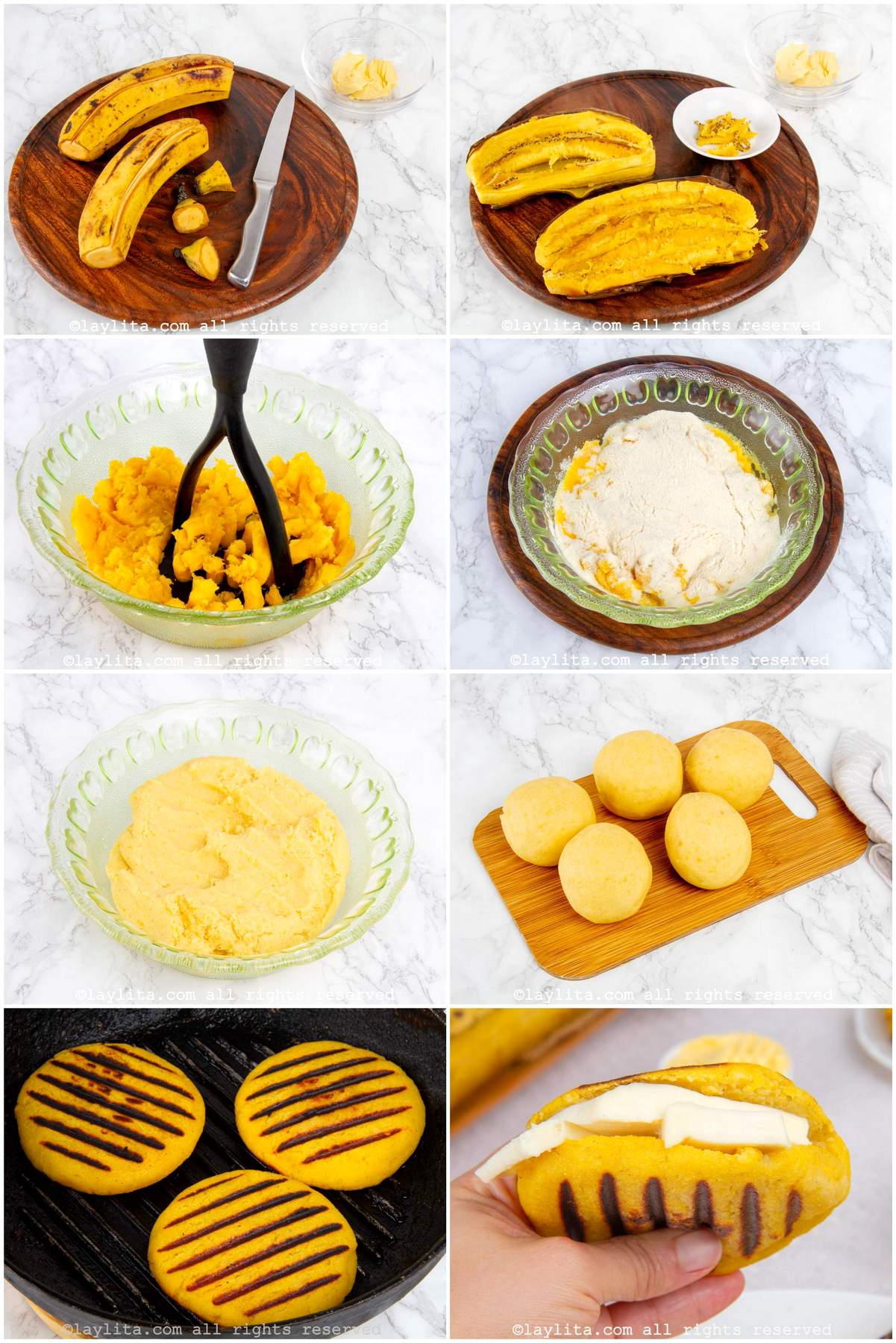 Photo collage of the step by step preparation process for arepas de platano maduro or ripe plantain arepas