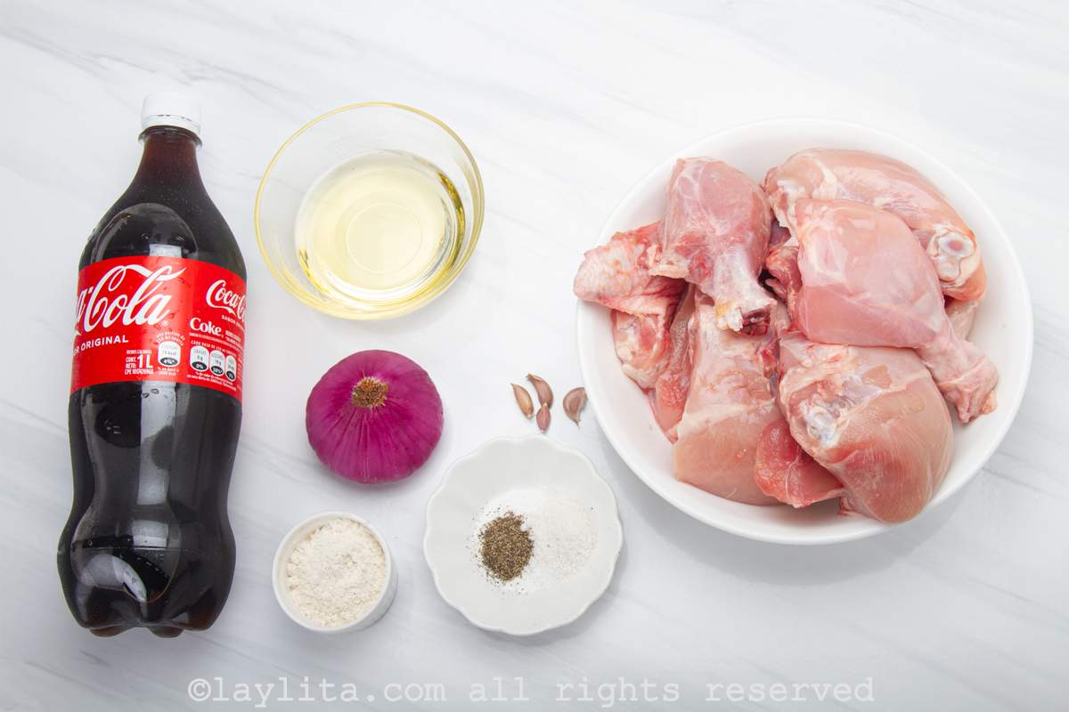 Ingredients for Coca Cola Chicken or Pollo a la Coca Cola on white kitchen counter