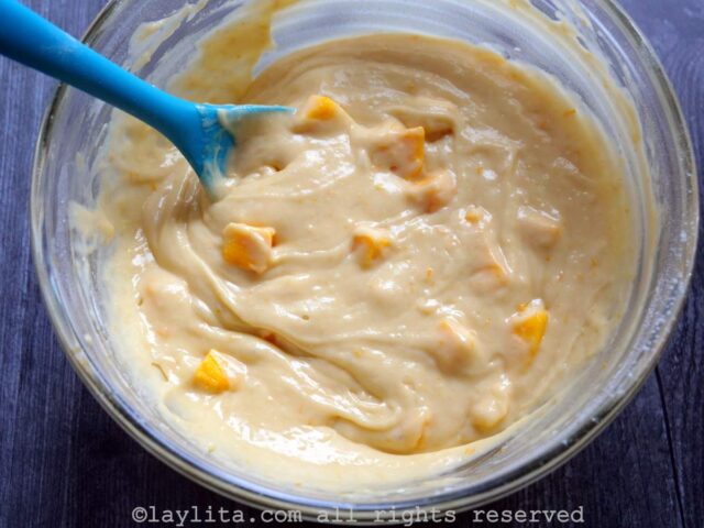 Add the diced mango to the cake batter