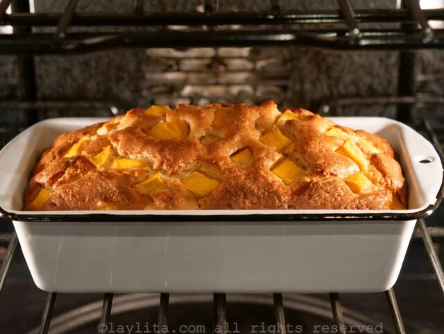 Mango loaf cake baking in the oven