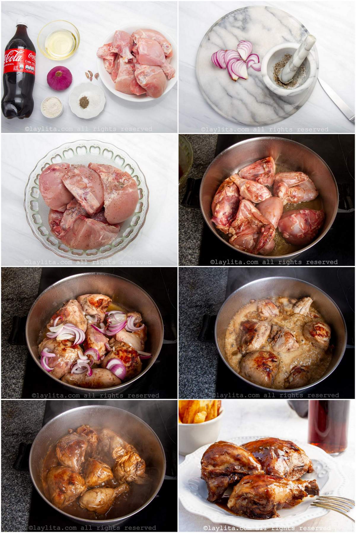 Collage of step by step preparation photos for Coca Cola Chicken or Pollo a la Coca Cola