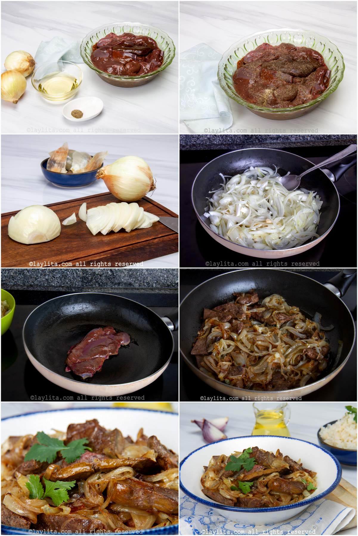 Collage of the step by step preparation photos for beef liver with onions or hígado encebollado