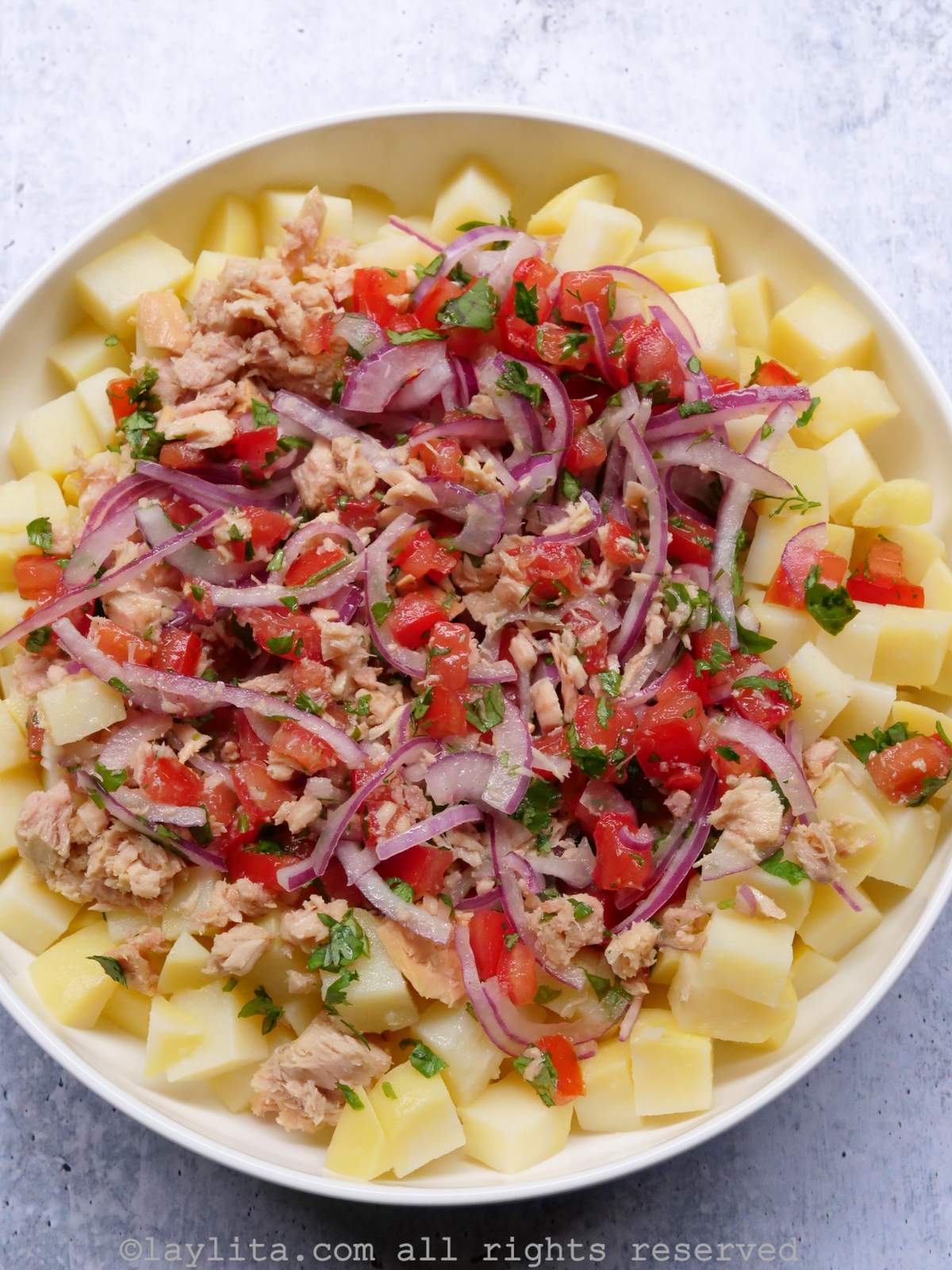 Potato tuna salad in a bowl with the tuna mixture on top of the bed of tomatoes in a white dish.