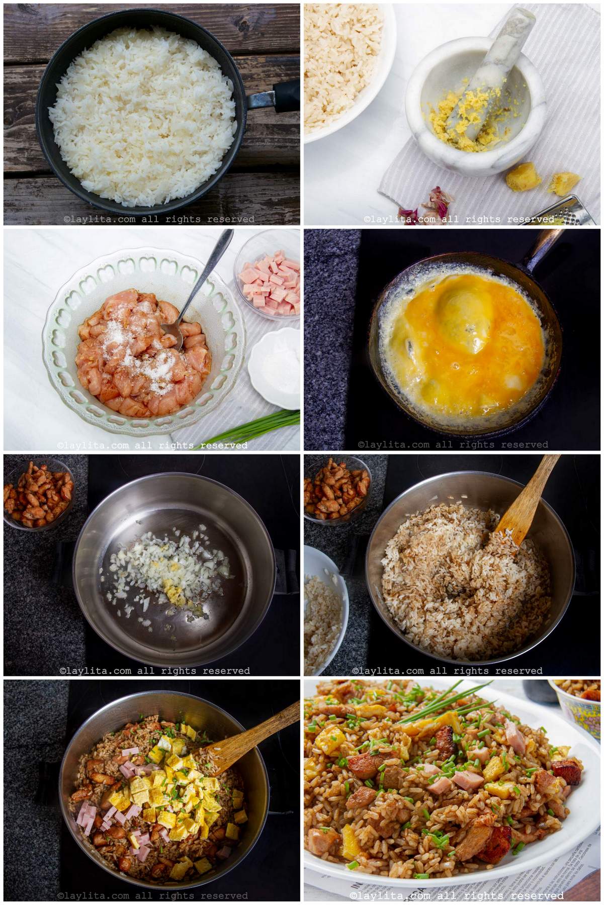 Collage of step by step preparation photos for Arroz Chaufa or Peruvian fried rice