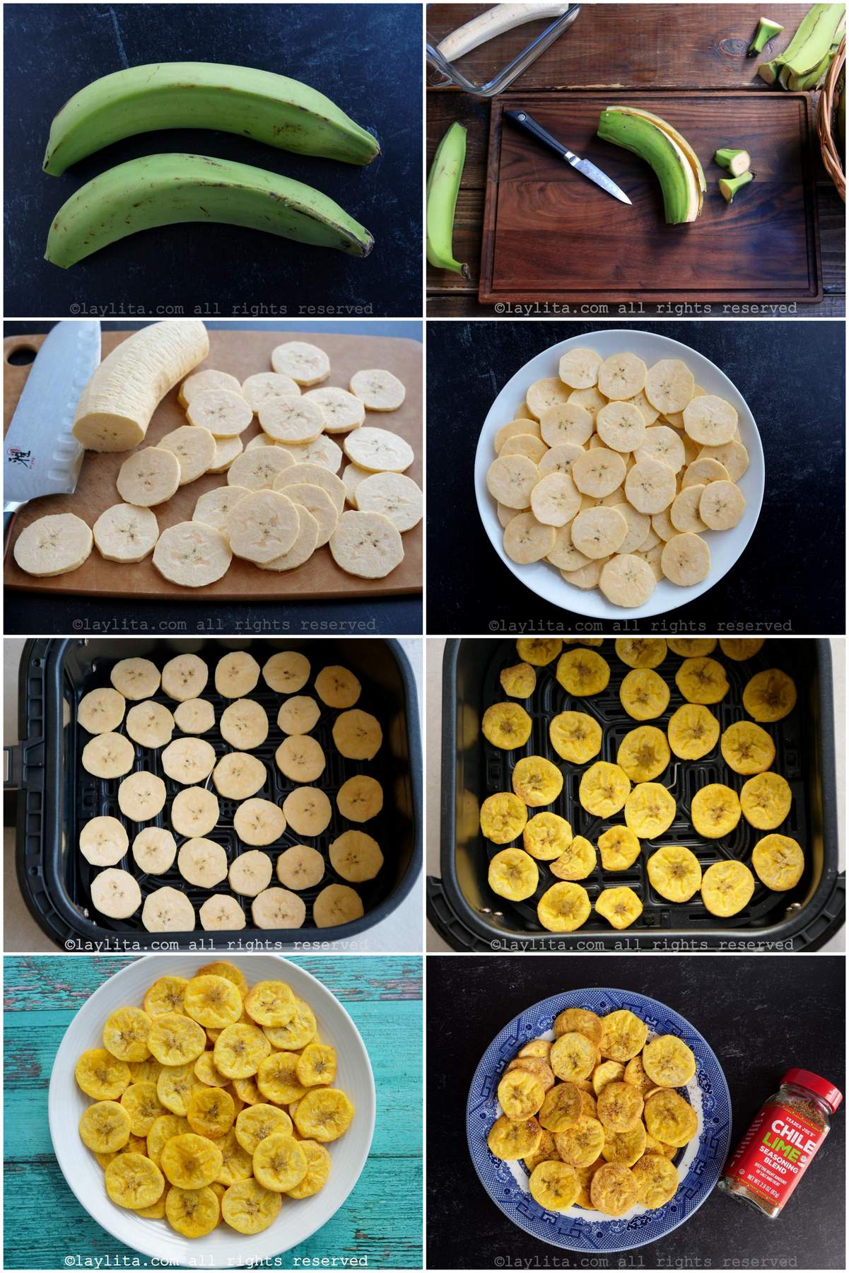 Collage of step by step preparation photos for making plantain chips in the air fryer