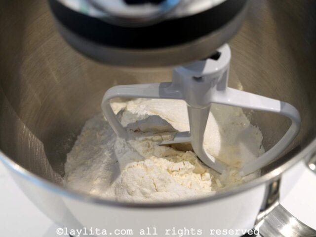 Flour, sugar, salt and baking powder in a mixer bowl