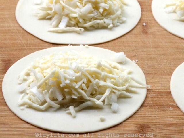 Empanada discs topped with cheese and onions