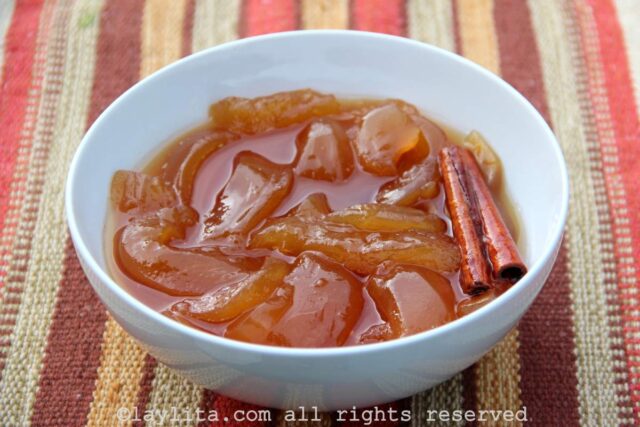Dulce de babaco in a white bowl