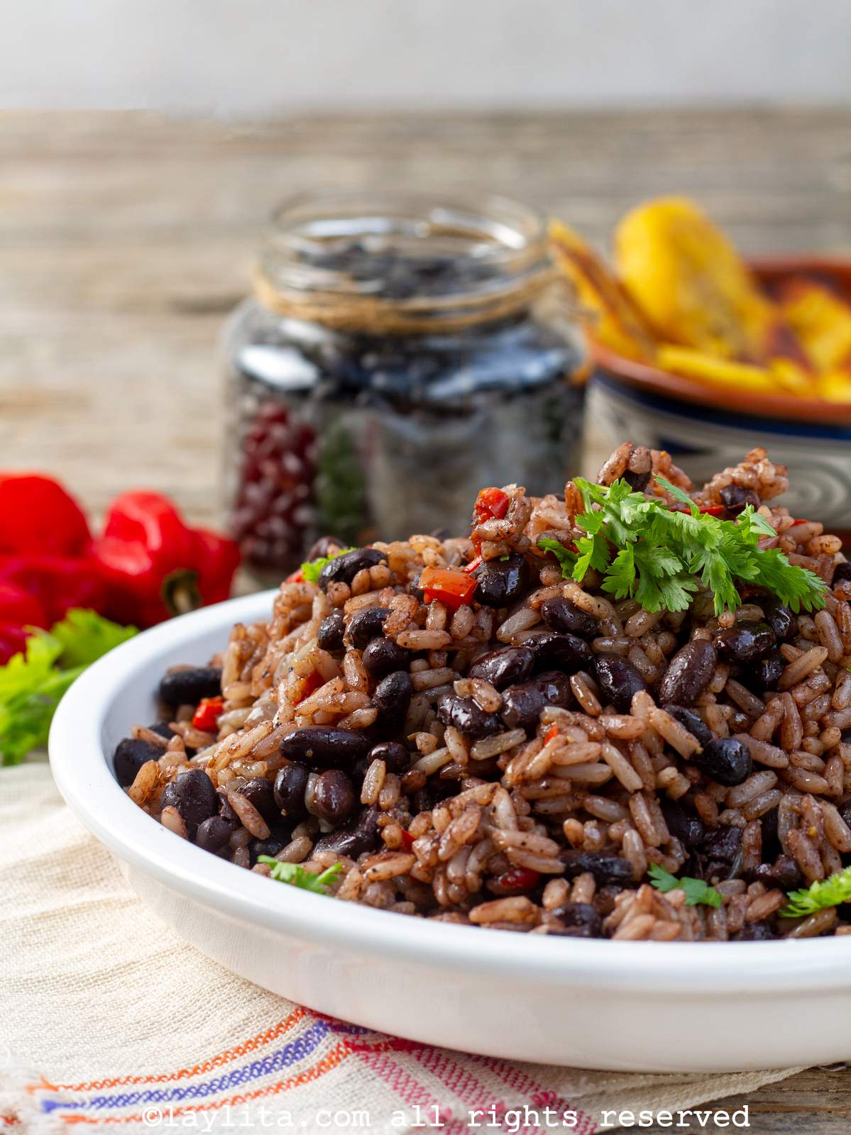Sideview of a white bowl with gallo pinto rice and beans topped with cilantro and a side of fried sweet plantains in the background