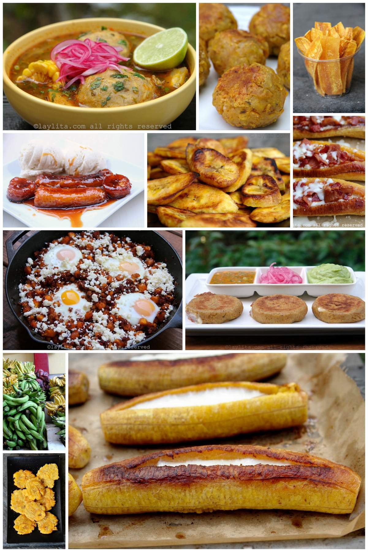 Vertical collage of different photos of plantain dishes