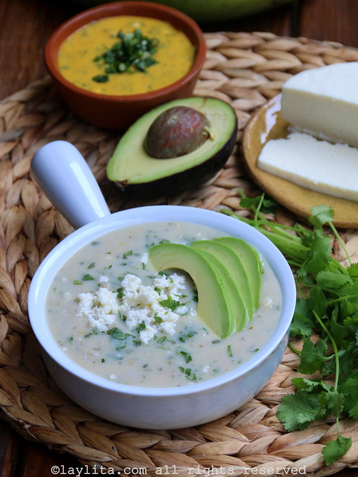 Repe lojano or green banana soup A white bowl of Repe soup made with green bananas or green plantains topped with avocado slices and crumbled cheese with some cilantro sprigs on the side