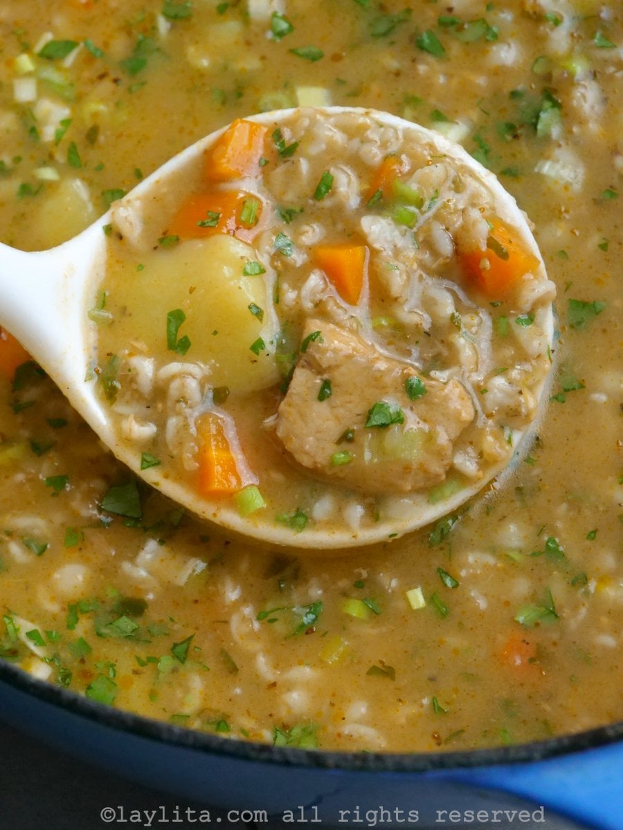 Overhead shot of a white laddle holding a portion of oatmeal vegetable meat soup while hovering over the large pot of soup.