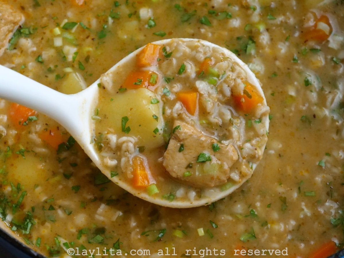 Ladle holding a portion of oatmeal soup with pork and vegetables while hovering over the large pot of soup.